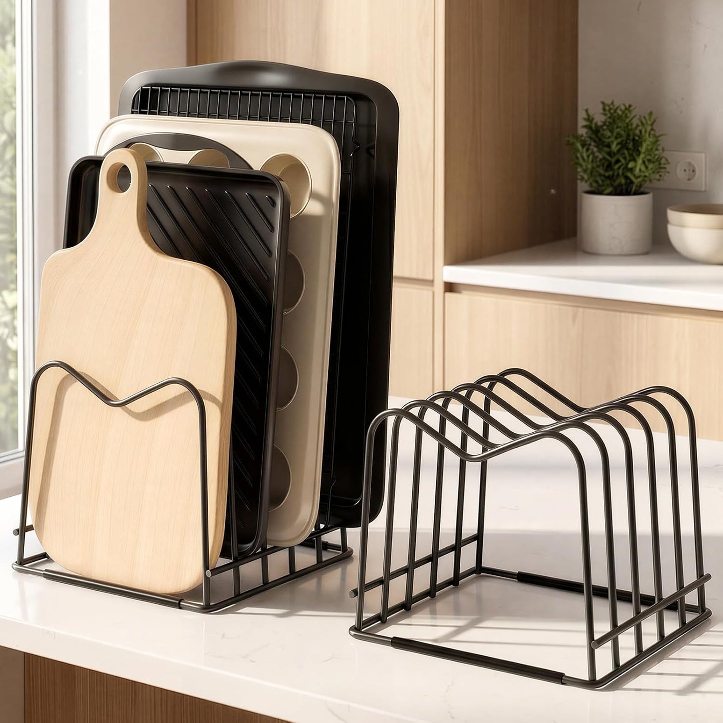 5mm Wire Cutting Board Organizer Holder Stand for Cabinet Countertop | Full silicone strip, no slipping or scratches, 1.2" slot spacing, Holds cutting boards, sheet pans, skillets inside Cabinet