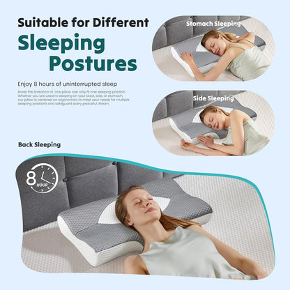 NEWBULIG Cervical Neck Pillow, Ergonomic Contour Memory Foam and Detachable Roll Pillow for Neck Pain Relief Side Back Stomach Sleepers with Cooling Breathable Cover
