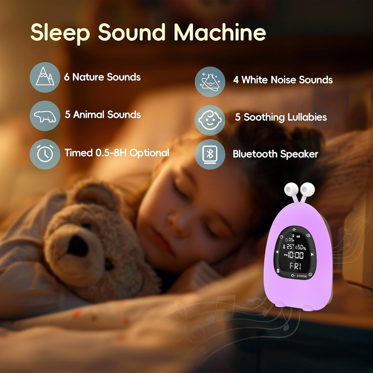 Sunrise Alarm Clock Wake Up Light, White Noise Sound Machine with 20 Soothing Sounds, 10 Night Lights, Wireless Speaker/Temp & Humidity/Rechargeable, Dimmable Clock Gift for Baby Kids Adults