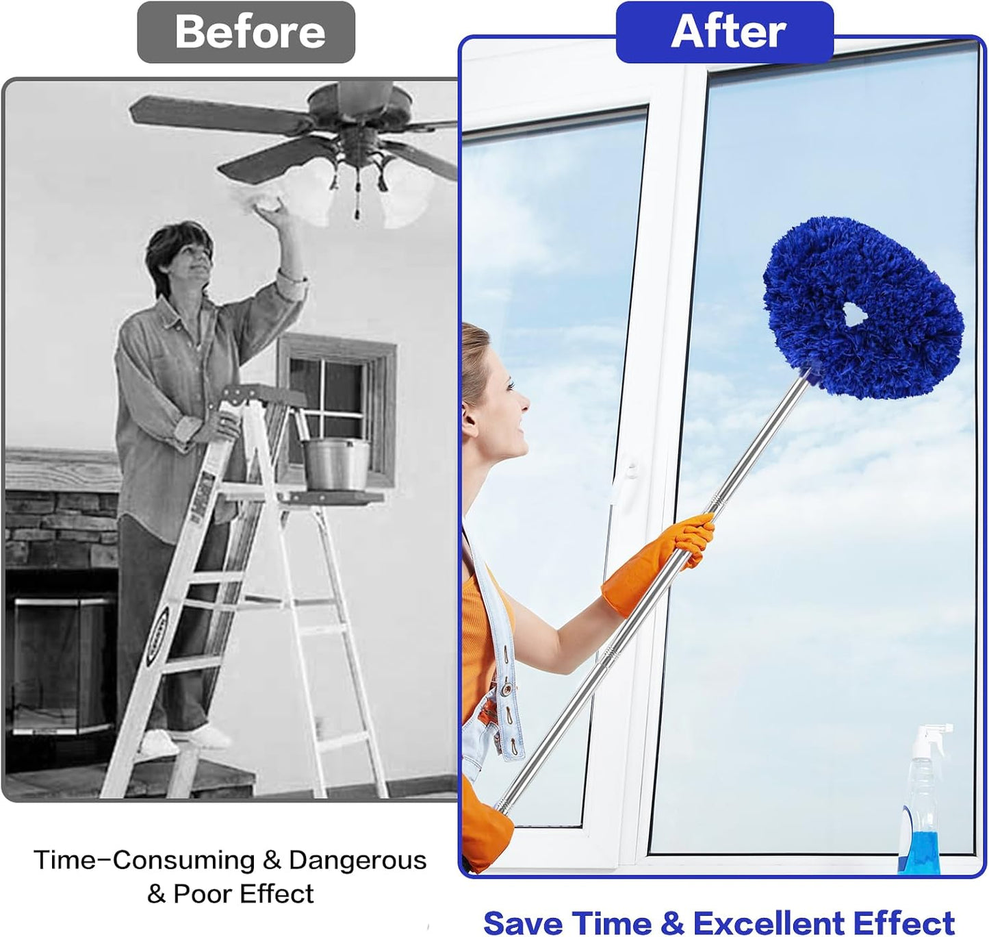 Ceiling Fan Cleaner Duster Reusable Microfiber Ceiling Fan Blade Cleaner Removable Duster with Extension Pole Adjusts 13 to 49.7 Inch for Cleaning Walls Bookshelves Furniture Door Window Top (Blue)