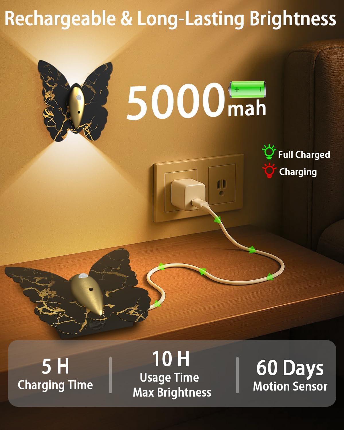 Eneru Motion Sensor Wall Sconce Set of 2, Rechargeable Wall Lights, Indoor