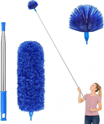 Cobweb Duster with Extension Pole 100 inches, Dusters for Cleaning with 2 Duster Heads, Washable Microfiber Feather Duster for Cleaning Ceiling Fan, High Ceiling, Blinds, Furniture & Cars