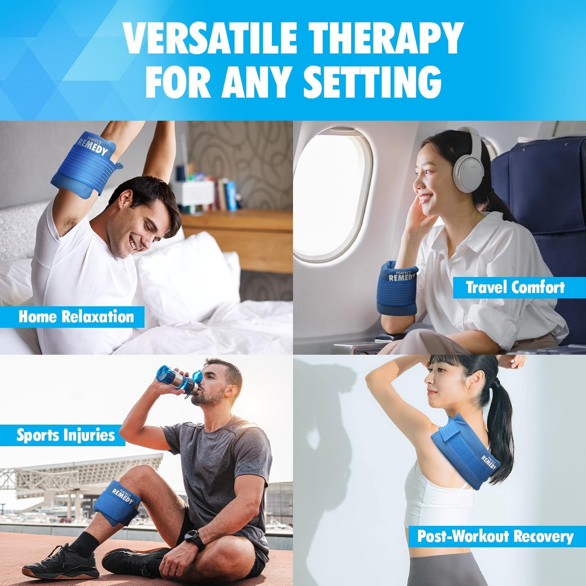 Perfect Remedy Gel Ice Packs for Injuries with Strap Cover, Flexible Hot Cold Compress, Soothing Soft Ice Packs for aid in Injuries Conditions, Alternative to Hot Water Bottles (Blue, Regular)