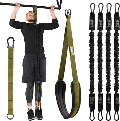 Pull Up Assistance Bands Set with 4 Levels, Adjustable Strap and Foot Rest | 50–200 lb stackable pull-up assistance, nylon-sleeved bands, adjustable support, reduced snap-back risk