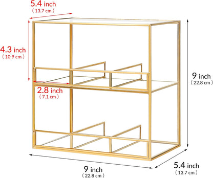REDHUGO Glass Tea Bag Organizer for Counter, 2-Tier Teabag Organizer Storage Holder for Tea Bags, Glass Caddy Box Containers, Rack Teabag Station Stand for Cabinet Kitchen, 2-Tier, Gold