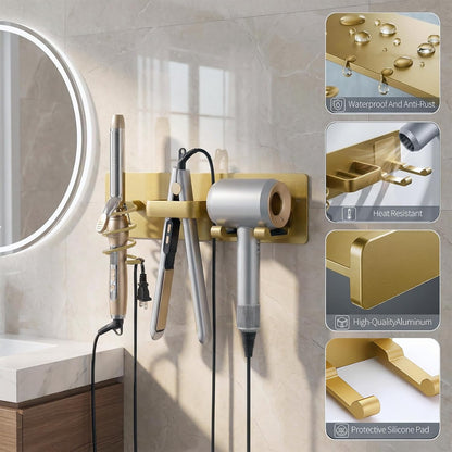 Hair Dryer Holder Hair Tool Organizer Metal Wall Mount (Gold) | Heat Resistant Hair Tool Organizer, Metal Wall Mount Storage, Bathroom Counter Space Saver, Blow Dryer Holder