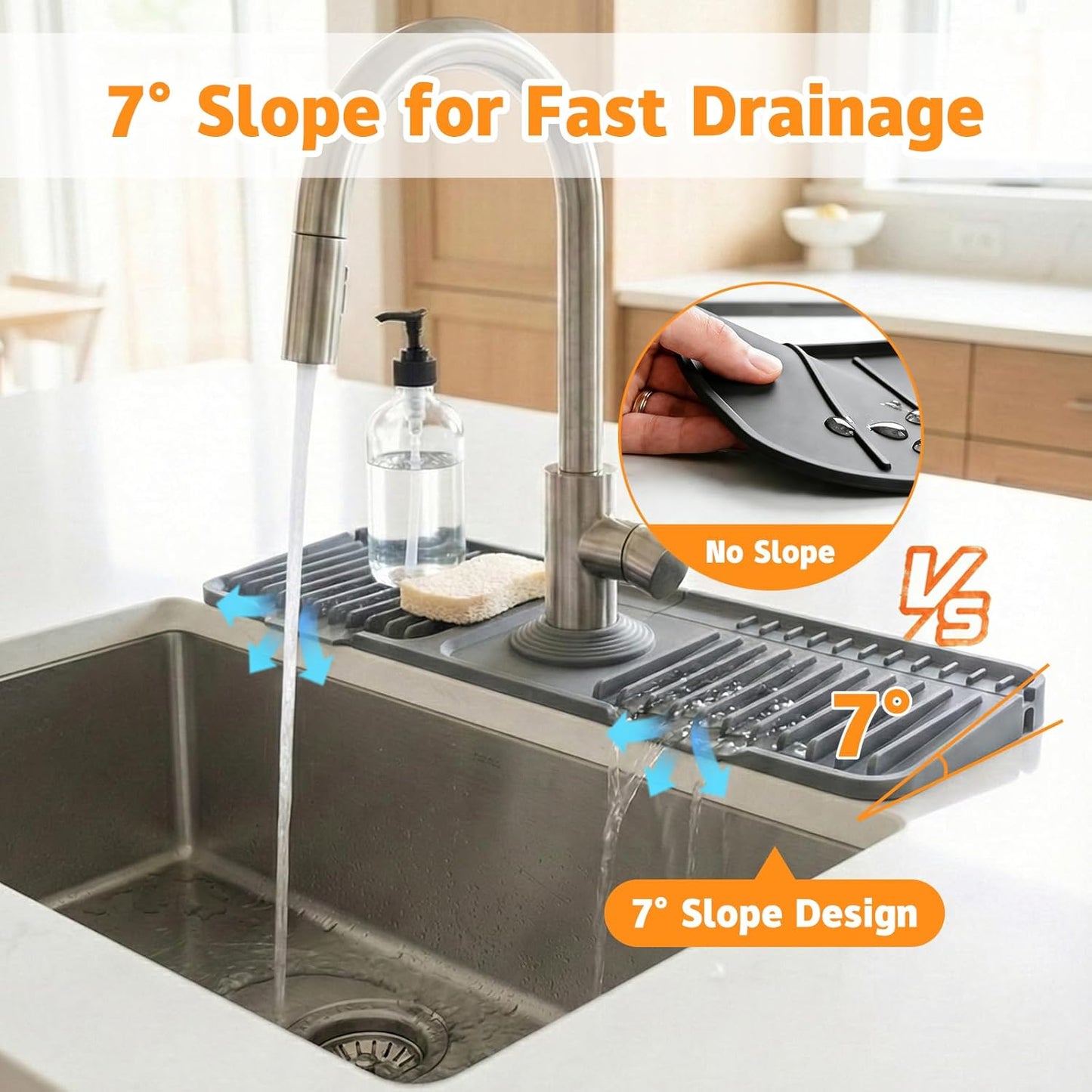 Silicone Faucet Mat for Kitchen Sink, 24" Splash Guard 7° Slope Fast Drain | Adjustable hole cutout for easy install, fits kitchen & bathroom sinks; food-grade silicone, easy to clean, keeps counter dry