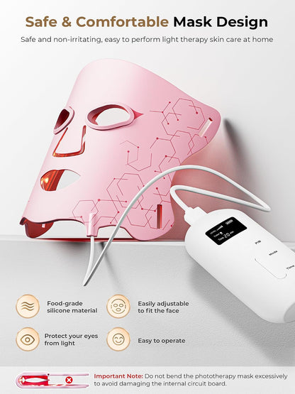 Red Light Therapy Mask with Cooling Gel Pack, 7-Color NIR 850nm LED Face Mask, LED Light Therapy Mask (E106A) with Rechargeable Remote - 180 Mins Use, Red Light Mask Home Travel Gift, Black