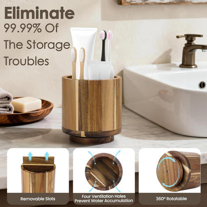 Toothbrush Holder for Bathrooms,Toothbrush Holders,Acacia Wood | Four Drainage Holes,Removable Divider,360° Rotating,Space-Saving,Toothbrush and Toothpaste Holder for Bathroom Countertop