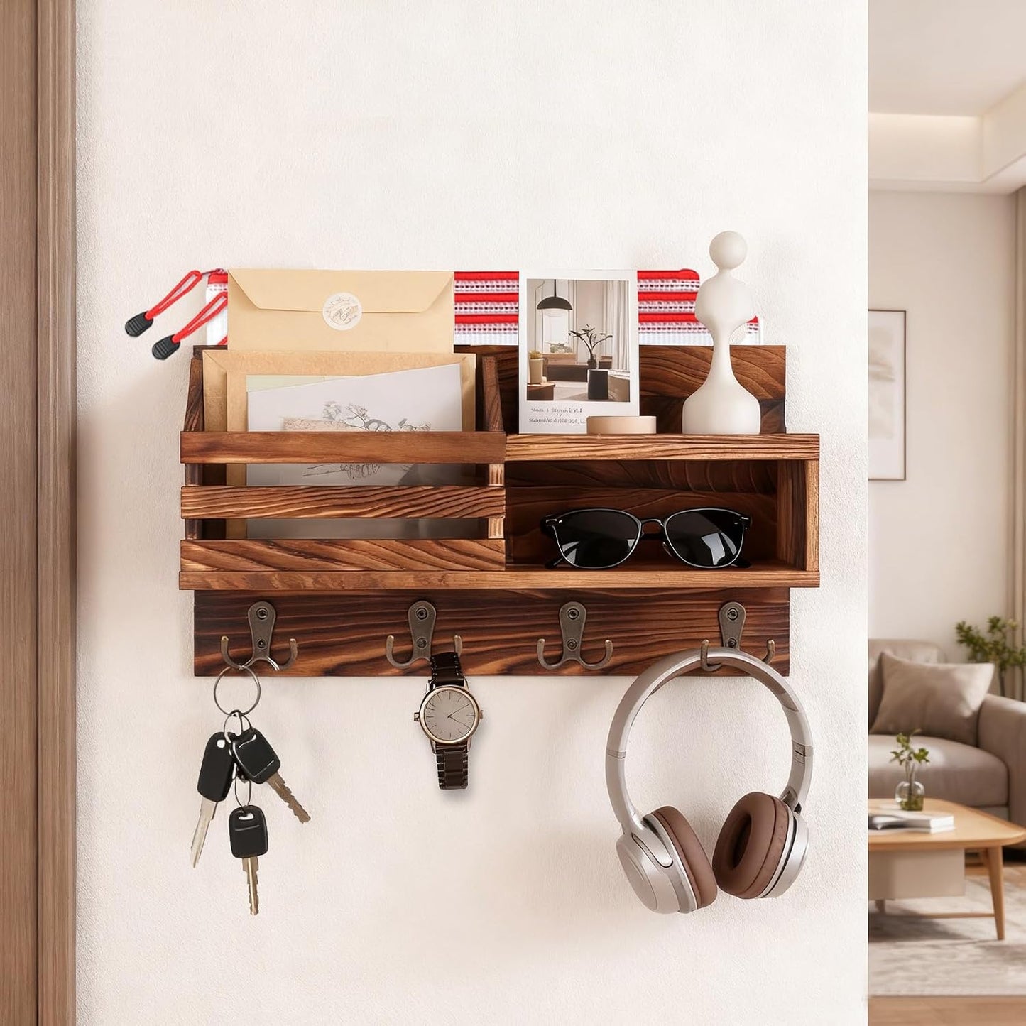 Solid Wood Key and Mail Holder for Wall, Brown | Farmhouse Entryway Organizer with Shelf, For Keys, Wallet, Dog Leash