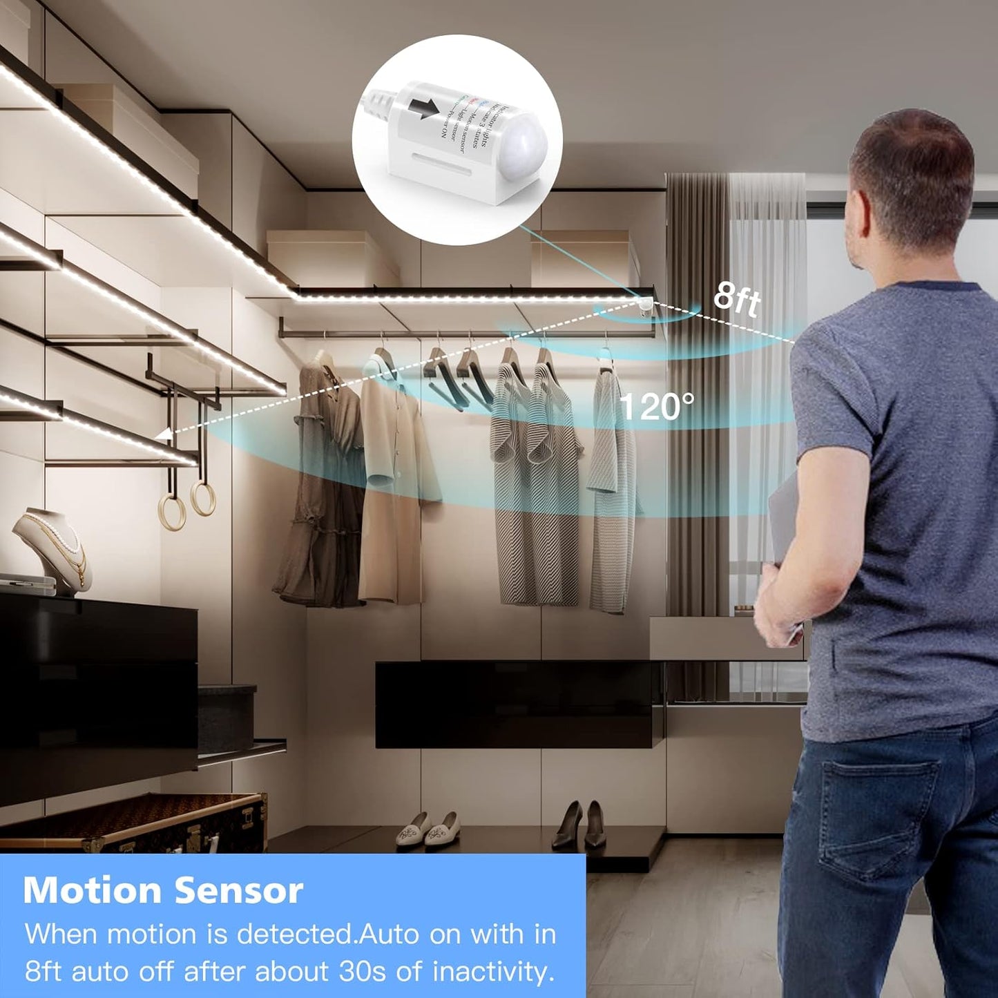 WOBANE 16.4ft Motion Sensor LED Strip with Remote,Warm White Tape Lighting | Dimmable LED Strip Lights for Kitchen, Under Cabinet, Bedroom, Shelf, Bed, PIR Function,Night Light,Adapter,3000K Warm White