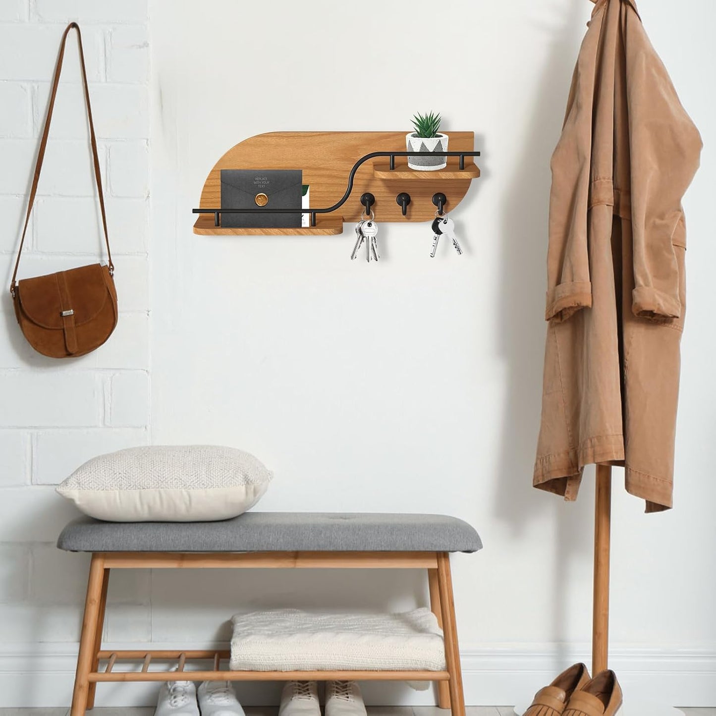 Key Holder for Wall, Decorative Key and Mail Organizer with 3 Metal Hooks and 2 Shelves, Wood Wall Mounted Key Rack for Entryway, White