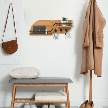 Key Holder for Wall, Decorative Key and Mail Organizer with 3 Metal Hooks and 2 Shelves, Wood Wall Mounted Key Rack for Entryway, White
