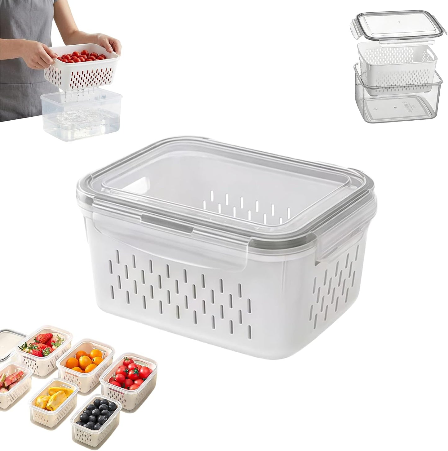 Fruit Storage Containers for Fridge, 4 in 1 Food Storage Container with Removable Colander, Airtight Produce Saver, Stackable Fridge Organizer for Wash, Drain & Store (Gray, S)