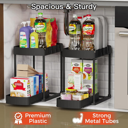 2 Packs Under Sink Pull-Out Storage Organizers, 12.8 Inches, Black | Multi-Purpose Cabinet Organizers and Storage for Bathroom & Kitchen