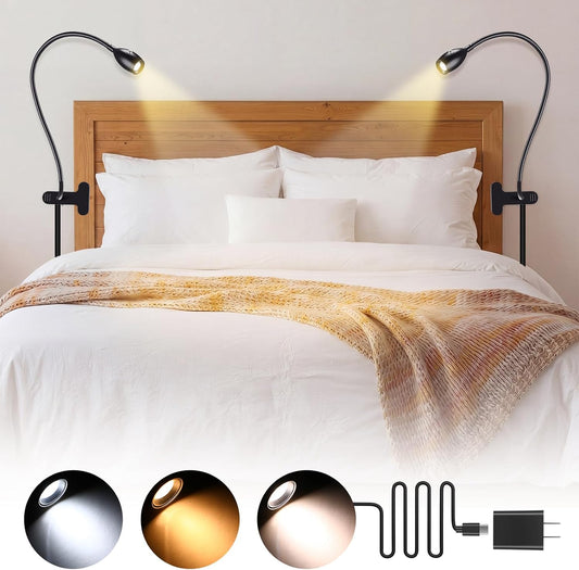 VIHOSE 1 Pcs LED Clip on Reading Light for Bed Headboard, 3 Color Dimmable Stepless Book Light with Flexible Gooseneck Clamp Desk Lamp for Reading with USB for Bedroom, Dorms, Office, Studio (Gold)