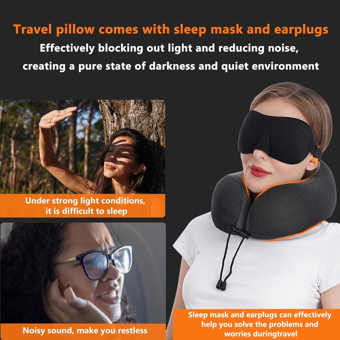 MLVOC Airplane Travel Neck Pillow for Sleeping, 3D-Eye Mask & Earplugs Kit | Curved Neck & Chin Support, Rope Lock Fit, Memory Foam Keeps It’s Shape, 3-in-1 Ki Includes: Eye Mask + Earplugs