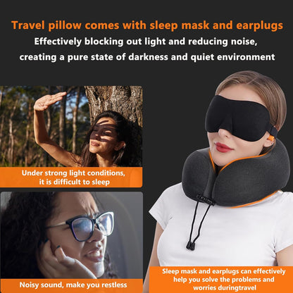 MLVOC Airplane Travel Neck Pillow for Sleeping, 3D-Eye Mask & Earplugs Kit | Curved Neck & Chin Support, Rope Lock Fit, Memory Foam Keeps It’s Shape, 3-in-1 Ki Includes: Eye Mask + Earplugs