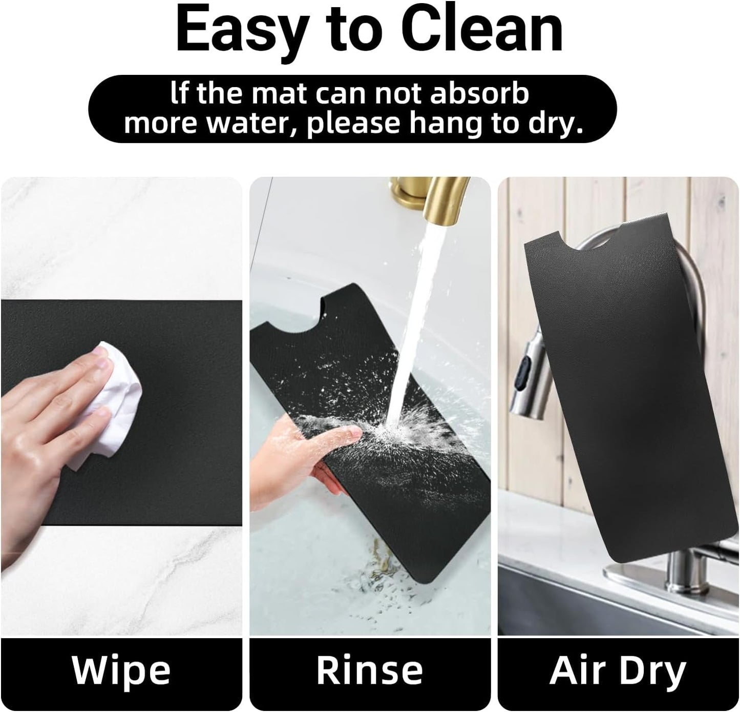 LOPNUR Cuttable Faucet Mat for Kitchen Sink, Extra Long 29 Inch, Black | Super Absorbent & Fast Dry Diatomite Sink Splash Guard, 0.8-2.4 Inch Adjustable Faucet Hole, Cut to Fit Bathroom & RV Sinks