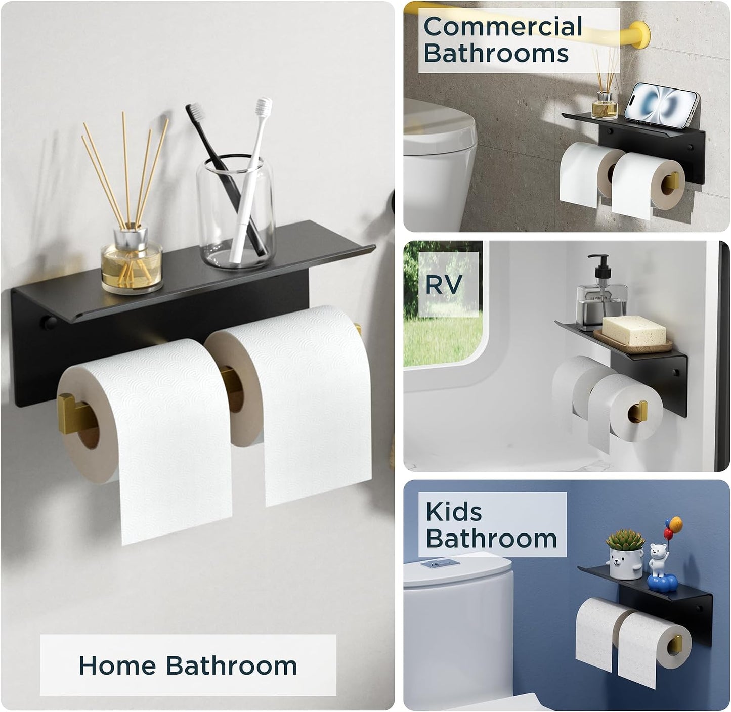 FORIOUS Toilet Paper Holder with Shelf, Commercial Toilet Paper Dispenser | Brushed Nickel | SUS304 Stainless Steel Wall Mount Double Bathroom Tissue Roll Holder for Hotel, Apartments, etc