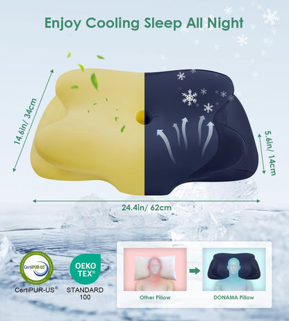 DONAMA Contour Cervical Neck Pillow for Neck Pain Relief | Queen,Ergonomic Dual-Height,Odorless Memory Foam,Side/Back/Stomach Sleepers,Cooling Hypoallergenic Cover,OEKO-TEX Certified