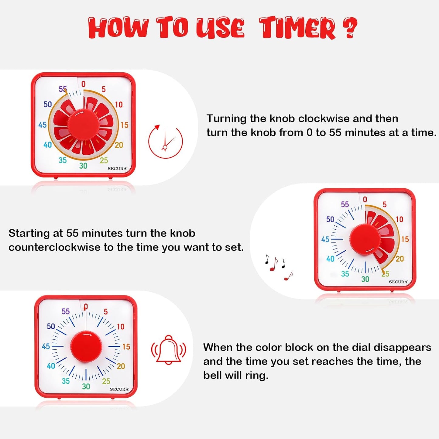Secura 7.5-Inch Fruit Visual Timer for Kids, 60-Minute Countdown Timer for Classroom or Kitchen, Durable Mechanical Timer Clock with Magnetic Backing (Orange)