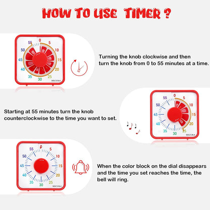 Secura 7.5-Inch Fruit Visual Timer for Kids, 60-Minute Countdown Timer for Classroom or Kitchen, Durable Mechanical Timer Clock with Magnetic Backing (Orange)