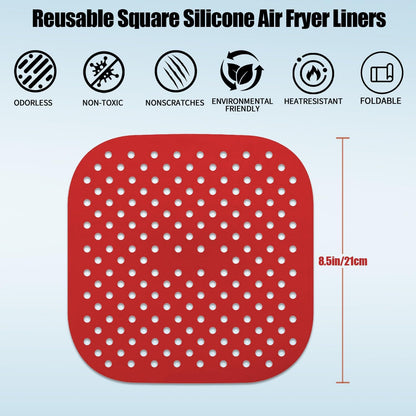 3 Pack 8.5" Reusable Square Silicone Air Fryer Liners Non-Stick, Easy-Clean Accessories Sheet Perfect for Quick Meals (Red&grey&black)