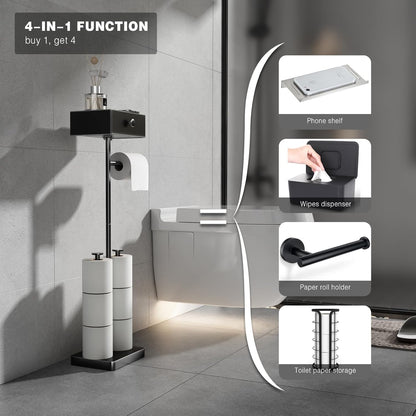 VOLDRA Toilet Paper Holder with Shelf Black Wipes Dispenser for Bathroom Toilet Paper Holder with Storage Upgrade Drawer Design Toilet Tissue Holder Adhesive Small Bathroom Shelf Wall Mount