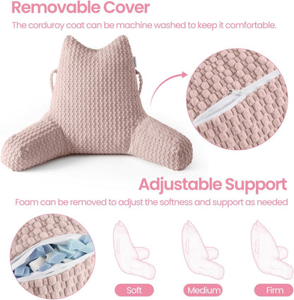 Standard Reading Pillow for Bed Sitting Up, Backrest Pillow with Shredded Memory Foam Filling, Back Support Cushion, Bed Rest Pillow with Arms, Pockets and Washable Cover-Grey