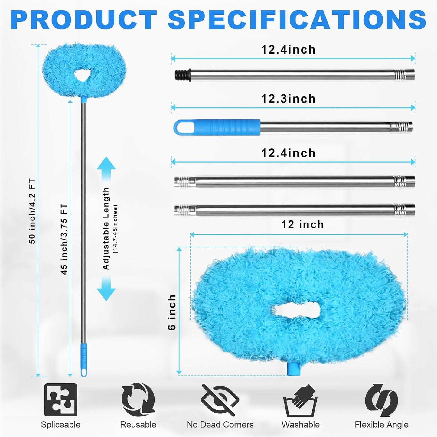 Storystore Ceiling Fan Cleaner Duster, Adjustable Microfiber Duster | 4.2FT Fan Cleaner with 13-50" Pole for Cleaning Fan Blades, Cobwebs, Walls, Doors and Windows, Brush for Dust Removal