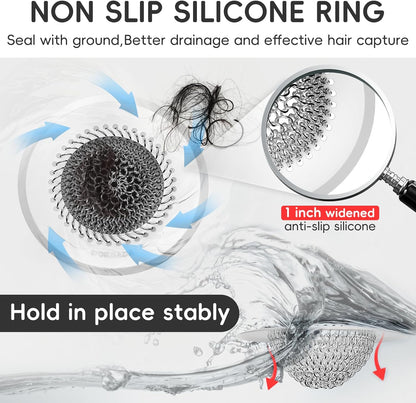 Shower Drain Hair Catcher, Patented Bathtub Drain Cover, Anti-Clog | Reversible Flip Clean, Fast Drainage, Anti-Slip Base, 304 Stainless Steel Chain Mail Mesh, 4.4" for Bathtub & Shower Drains