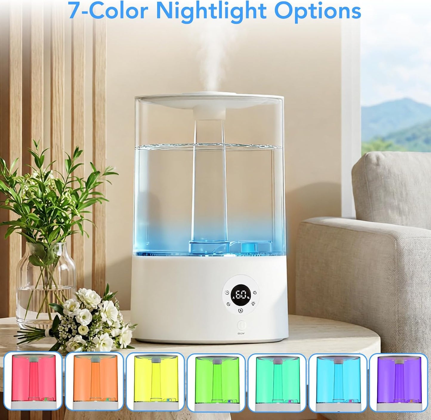 Electactic 4L Top Fill Humidifier for Bedroom, Auto Constant Humidity, Smart Control, Quiet Ultrasonic Cool Mist, 360° Nozzle, 3 Mist Levels, 7-Color Light for Home Office Baby Room