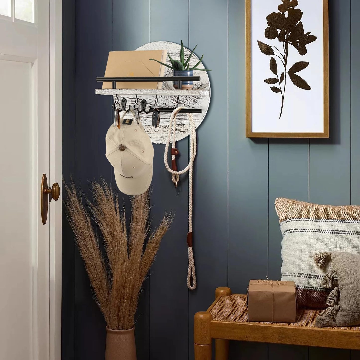 Gurfuy Key Holder for Wall with Shelf - Wood Mail Organizer and Rack with Shelf Hooks Wall Mounted for Entryway Decor Magazines Letter Storage Farmhouse Living Room Bedroom Doorway Green