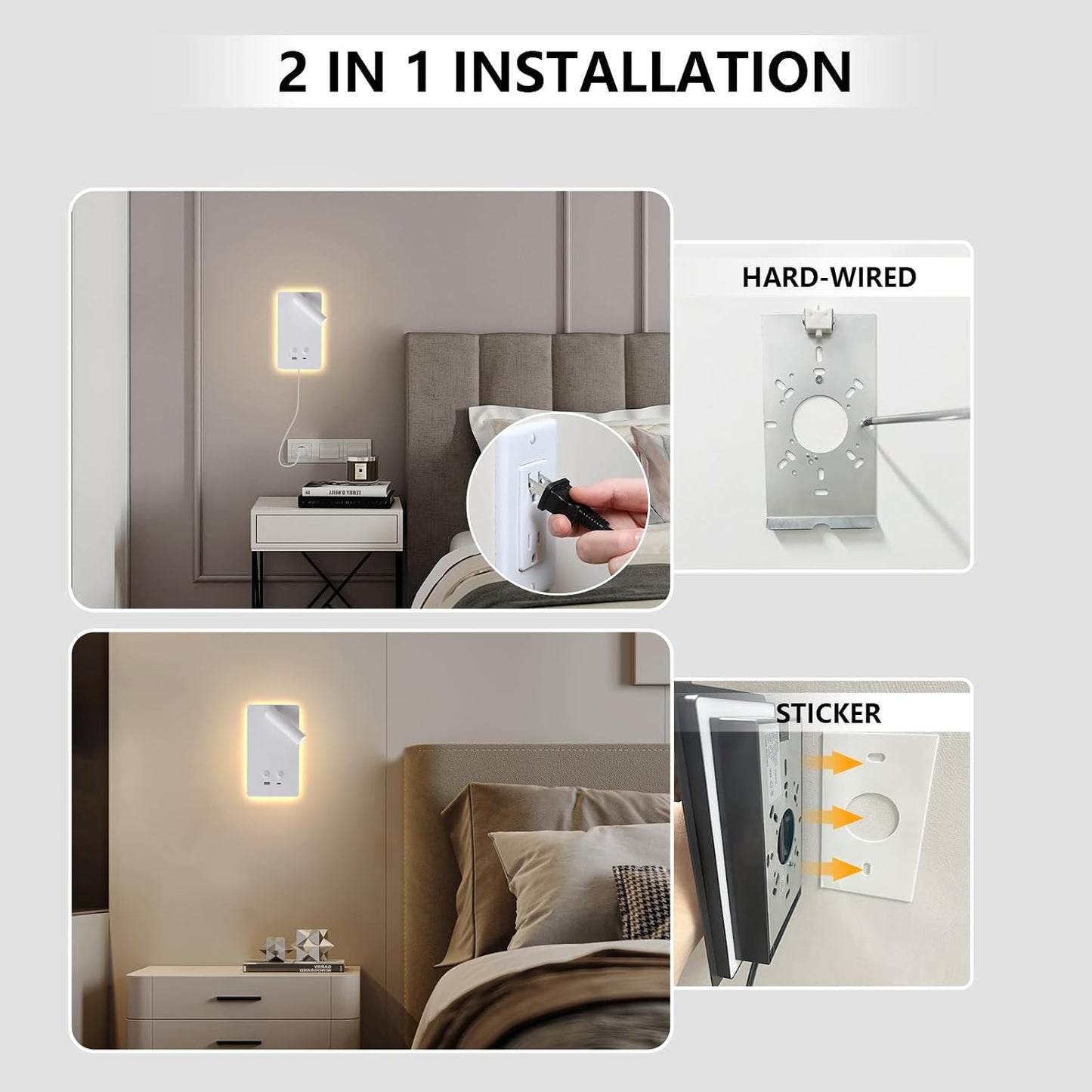 MOLUOLA LED Wall Lamp Wall Mounted Reading Lights, Adjustable Headboard Plug in Wall Sconce with USB C+A Ports, Headboard Bedside Lamp with 9W+3W Night Light 3000K (White)