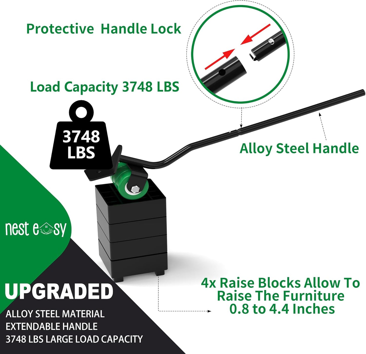 Heavy Duty Furniture Dolly 360 Rotate 5 Wheels 3000 Lbs Capacity 5.3x5.3 in | Furniture Movers with Green Wheels, Measure Tape & Leveler, Alloy Steel Furniture Lifter Tool for Smooth Home & Office Uses