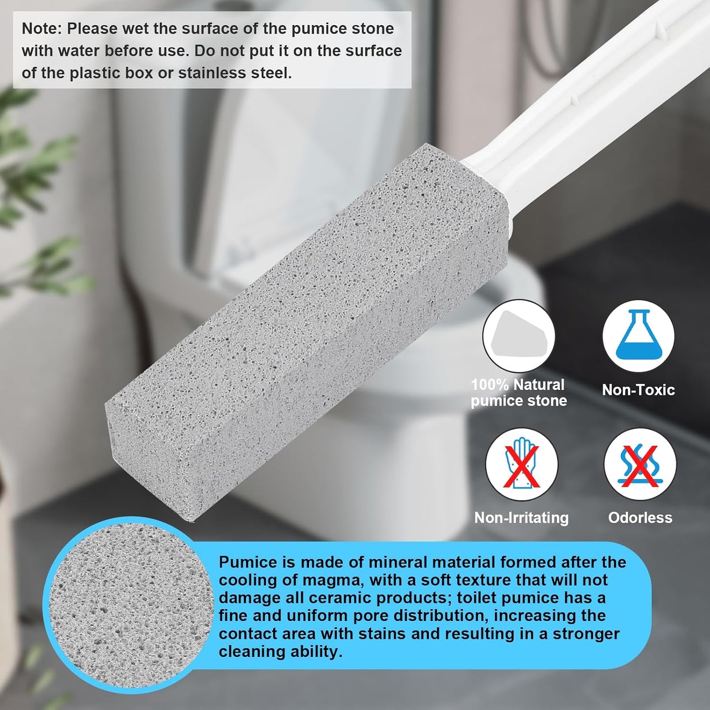 Herda 8-Pack Pumice Stone Scouring Stick with 2 Universal Handles, Pumice Stone for Cleaning Stove, Toilet, Tub, Grill, Swimming Pool, Sink, Removes Hard Water Rings, Calcium Deposits, Rust Buildup
