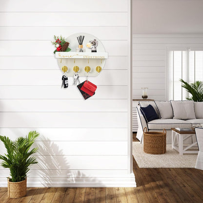Key Holder for Wall, Key and Mail Holder Organizer - Key Holder Wall Mount with Bouquet Shelf and Key Hooks, Round Wooden Rustic Key Rack for Entryway and Home Decor (Black)