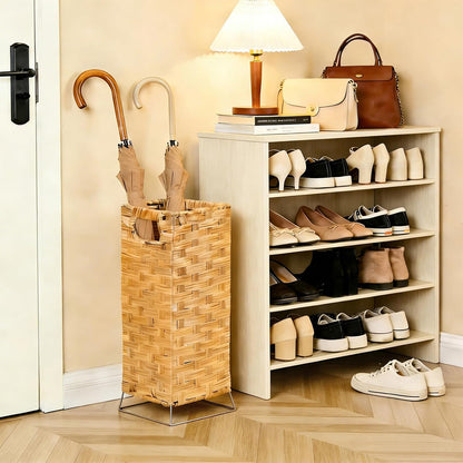 Rattan Umbrella Holder Basket Stand for Entryway | Handwoven, Indoor Umbrella Storage with Waterproof Base, Durable Metal Hooks & Removable Drip Tray