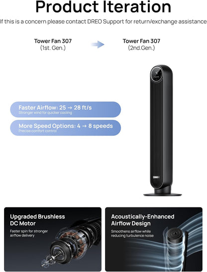DREO Tower Fan for Bedroom, 26ft/s Velocity, 90° Oscillating, 8H Timer