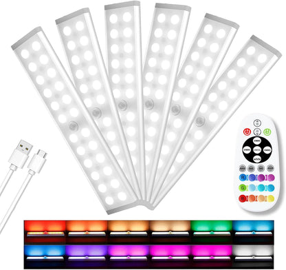 Diomart Motion Sensor Under Cabinet Lighting, RGB Rechargeable, 4 Pack | 58 LEDs,15 RGB colors. Remote & motion sensor dual control. Dimming, Auto-off timer