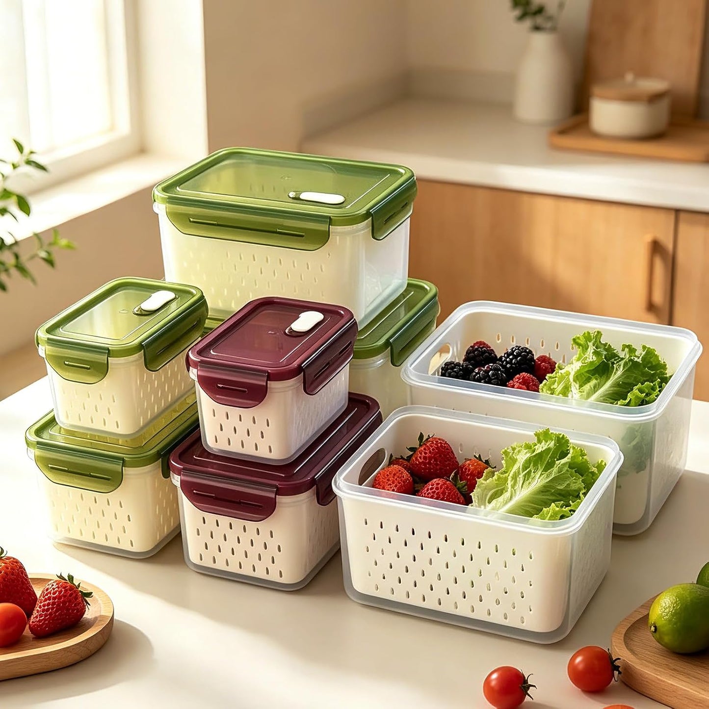 TBMax Fruit Storage Containers for Fridge Organizers and Storage, 4 Pack Large Produce Saver with Airtight Lid & Colander for Berry Lettuce Salad Vegetable Storage, Refrigerator Organizers