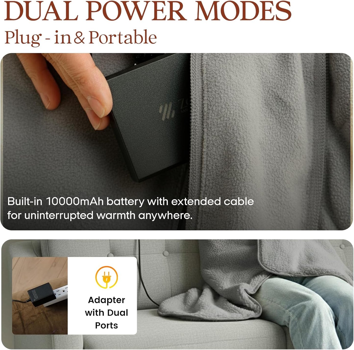 ZonLi Heated Blanket, Portable Battery Operated Blanket, 10000mAh Large 50"x60" Cordless Rechargeable Electric Throw for Adults, Camping, Car Travel & Home Use