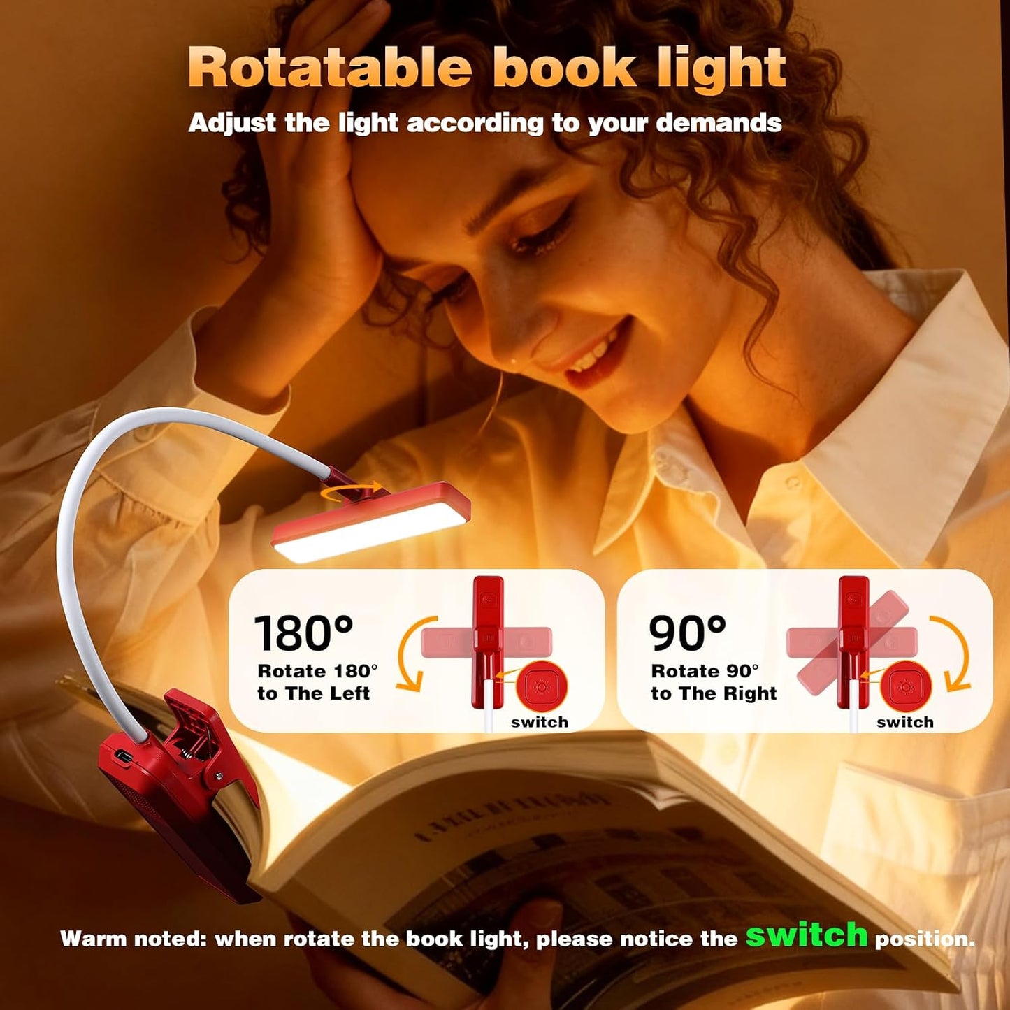 VAVOFO Rechargeable Book Light Rotatable：24 LEDs Reading Light, 3-Color & 9-Brightness Book Lamp, Eye Cared 120Hrs Runtime Lightweight Clip on Led Light for Book Lovers (Black)