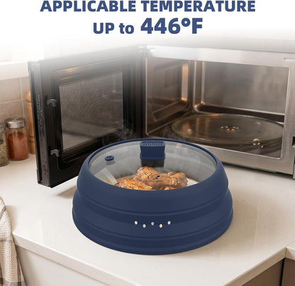 Microwave Splatter Cover Glass Guard Lid with Collapsible Silicone for Food Pot Plate Cover 9.8 inch Dark Blue