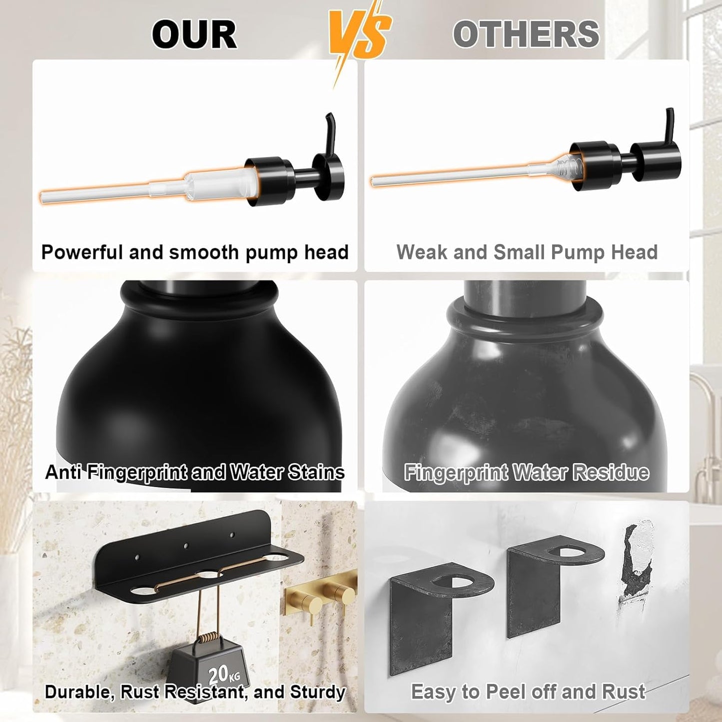 Refillable Shampoo and Conditioner Shower Dispenser Set of 3 - Wall Mounted | 3 Chamber Dispensers for Bathroom. No Drill Pump with Bottles for Soap and Body Wash. Matte Black Bottle with Labels (16oz)