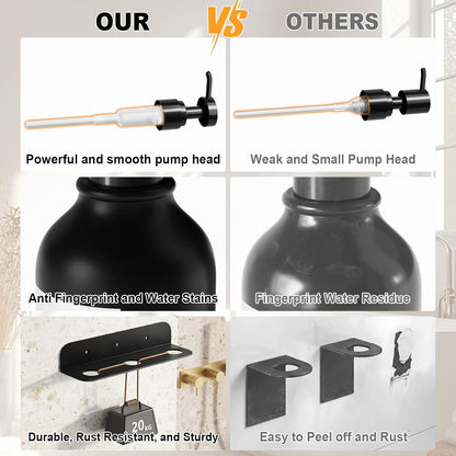 Refillable Shampoo and Conditioner Shower Dispenser Set of 3 - Wall Mounted | 3 Chamber Dispensers for Bathroom. No Drill Pump with Bottles for Soap and Body Wash. Matte Black Bottle with Labels (16oz)