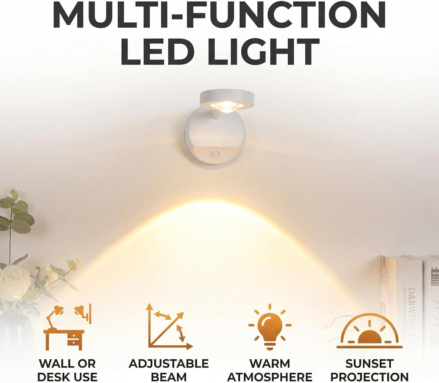 Motion Sensor Wall Light, LED Wall Sconce with Adjustable Angle, USB Rechargeable, Dimmable with 3 Colors, Magnetic Wall Mounted for Bedside, Hallway, Artwork