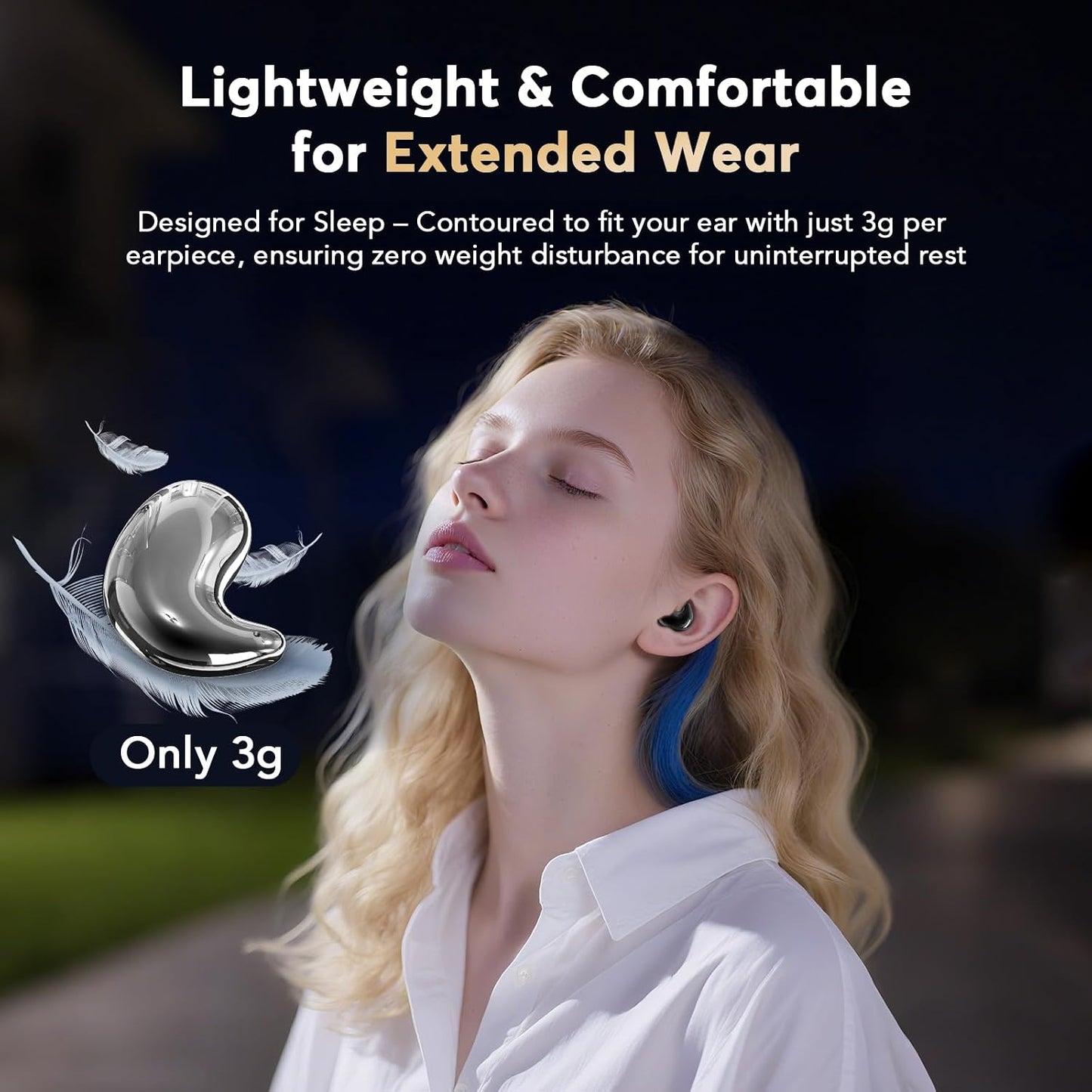 Side Sleeper Sleep Earbuds, Ultra Flat Invisible Hidden Bluetooth Headphones, Zero Pressure White Noise Sleep Earphones, No Lights or Pop-Up Alerts for All Night Comfortable Undisturbed Sleep