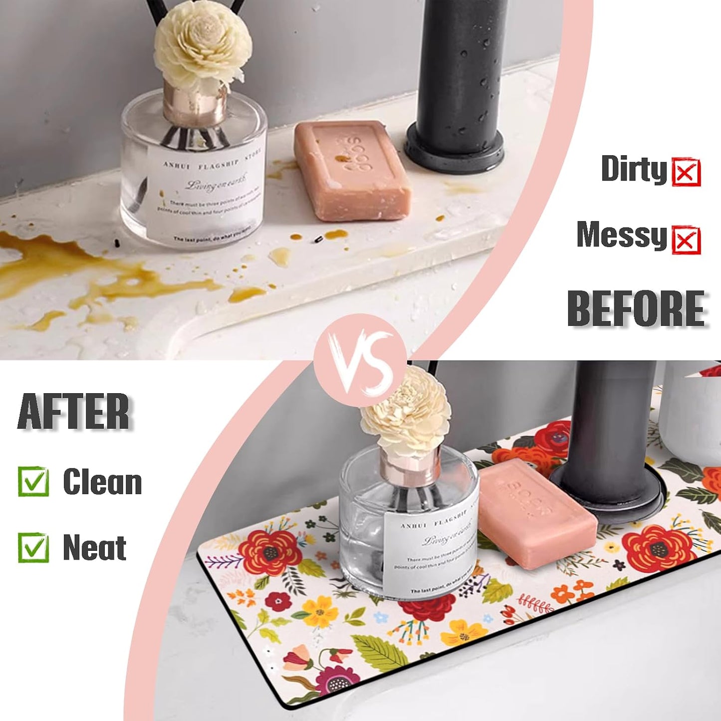 Sink Faucet Absorbing Mat, 2 Pack Drying Mat Around Faucet Sink Splash Guard Behind Faucet Sinkmat For Kitchen Bathroom Island Rv 24 * 5.5 Inch (60 * 14 cm)